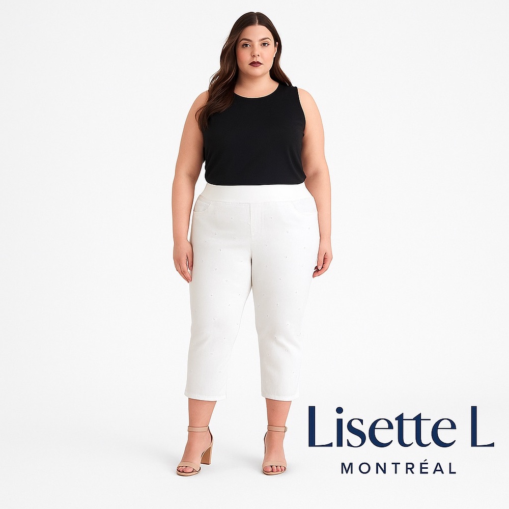 Lisette L. Stunning white crop jeans embroidered daisy discrete crystal plus 16